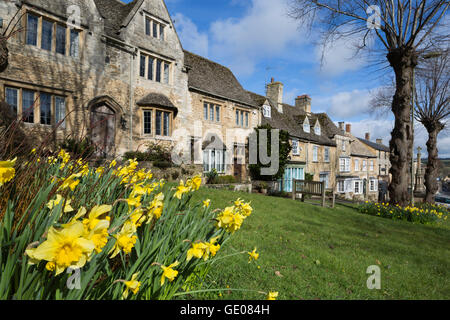 Cotswold Steinhütten und Narzissen entlang The Hill, Burford, Cotswolds, Oxfordshire, England, Vereinigtes Königreich, Europa Stockfoto