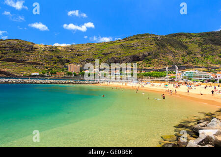 Strand an der Bucht von Machico, Insel Madeira, Portugal Stockfoto