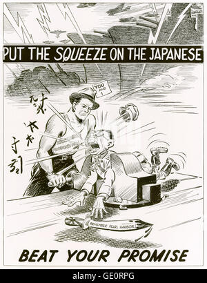 "Die Japaner die Squeeze anziehen! Schlagen die Promise'US Regierung des 2. Weltkrieges Anti-japanischen Propagandaplakat 1942 veröffentlicht zeigt 2 amerikanische Arbeiter Zerkleinerung ein japanisches Soldaten mit übertriebenen Rassenmerkmale in einen Schraubstock. Siehe Beschreibung für mehr Informationen. Stockfoto