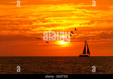 Segelboot Sonnenuntergang Fantasy ist ein Boot segeln mit vollen Segeln offen gegen eine bunte orangefarbenen Himmel und Seevögel fliegen. Stockfoto