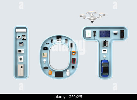 Intelligente Geräte im Layout als 'IoT'. Internet der Dinge-Konzept für Consumer-Produkte. 3D-Rendering Bild. Stockfoto
