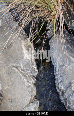 Kleiner Gebirgsbach findet es Weg durch zwei rock Felsbrocken. Spanien. Stockfoto