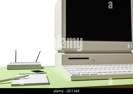 3D Abbildung eines Desktop-Computers isoliert auf weißem Hintergrund Stockfoto