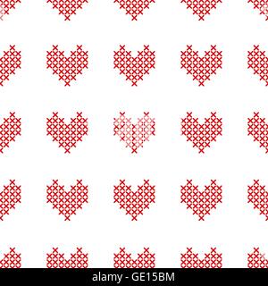 Nahtlose Muster mit Kreuzstich-Herz auf weiß Stock Vektor