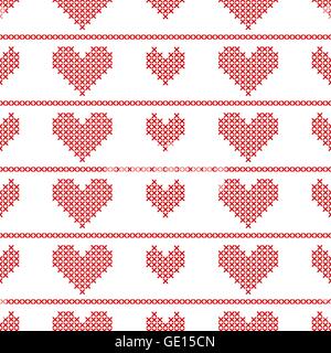 Nahtlose Muster mit Herz bestickt auf weißem Hintergrund. Stock Vektor