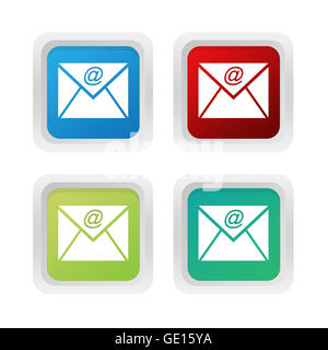 Satz von quadratischen bunten Knöpfe mit e-Mail-Symbol im blauen, grünen und roten Farben Stockfoto