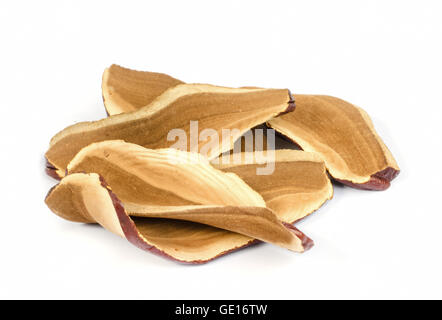 Stück trockenen Ling Zhi Mushroom auf weißem Hintergrund. Stockfoto