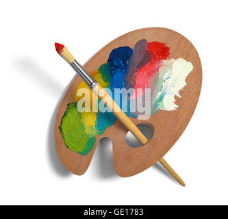 Maler-Palette mit gemischten Farben und Pinsel, Isolated on White Background. Stockfoto