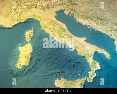 Italien, physische Karte, Satellitenbild, Karte. 3D-Rendering Stockfoto