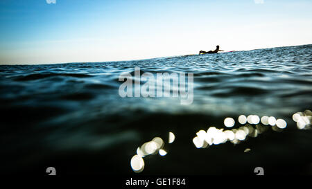 Frau im Meer paddeln auf dem Surfbrett, Malibu, Kalifornien, USA Stockfoto