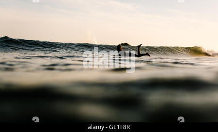 Frau im Meer paddeln auf dem Surfbrett, Malibu, Kalifornien, USA Stockfoto