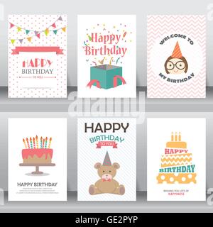 alles Gute zum Geburtstag, Urlaub, Weihnachten Gruß und Einladung Karte.  Es gibt Mädchen, Geschenk-Boxen, Typografie, Konfetti, Kuchen ein Stock Vektor
