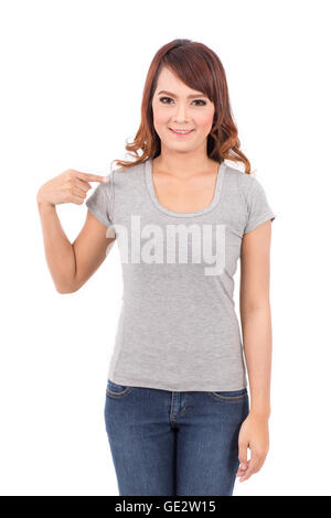 glücklich Teenager-Mädchen in grauen T-shirt auf weißem Hintergrund leer
