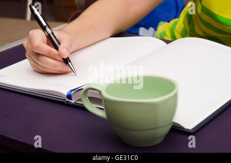Write-Aktivität (eine Mädchen Hand hält einen Stift und schreiben auf ein Buch) Stockfoto