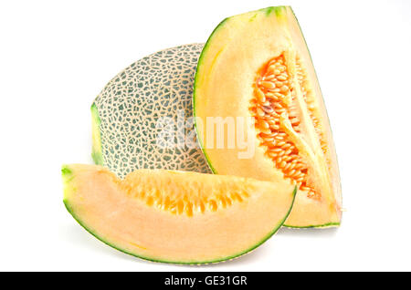 Cucumis Melo oder Melone-Serie im Stahl-Tray (andere Namen sind León, Cantaloup, Honigtau, Crenshaw, Casaba, persische Melone, ein Stockfoto