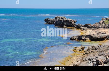 Kalkstein zu Tage tretenden und türkisblauen Indischen Ozean Seelandschaft mit Algen an Küsten Punkt Peron in Rockingham, Western Australia. Stockfoto