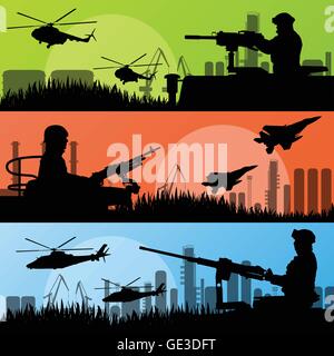 Soldaten der Armee, Transport in städtischen Industriebetrieb Landschaft Hintergrund Illustration Vektor, Waffen, Flugzeuge und Hubschrauber Stock Vektor