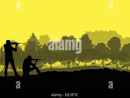 Hunter Silhouette Hintergrund Vektor Landschaftskonzept mit Wald und Hirschen drin für poster Stock Vektor