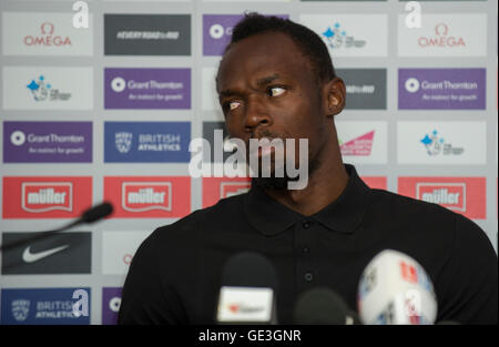 London, UK. 21. Juli 2016. Usain Bolt aus Jamaika kommt für eine Pressekonferenz vor dem Müller Jubiläumsspiele an das Stadion - Queen Elizabeth Olympic Park am 21. Juli 2016 in London, England. Bildnachweis: Gary Mitchell/Alamy Live-Nachrichten Stockfoto