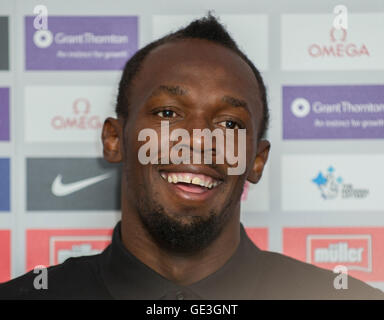London, UK. 21. Juli 2016. Usain Bolt aus Jamaika kommt für eine Pressekonferenz vor dem Müller Jubiläumsspiele an das Stadion - Queen Elizabeth Olympic Park am 21. Juli 2016 in London, England. Bildnachweis: Gary Mitchell/Alamy Live-Nachrichten Stockfoto