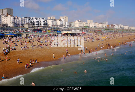 Brighton, Sussex UK 23. Juli 2016 - Tausende strömen zum Strand in Brighton wie die Sonne schließlich nach einem Vormittag der nebligen Wetter Credit kommt: Simon Dack/Alamy Live News Stockfoto