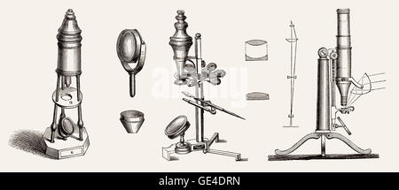 Altes Mikroskop von George Adams, Alexander François Selligue, 18. und 19. Jahrhundert Stockfoto