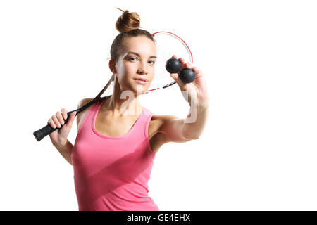 Schöne sportliche Frau mit Squash Schläger Stockfoto