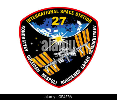 Start: Sojus TMA-20 15. Dezember 2010 Landung: 23. Mai 2011 zu starten: Sojus TMA-21 4. April 2011 Landung: 15. September 2011 Astronauten: Dmitry Kondratyev, Alexander Samokutyaev, Ronald Garan Jr., Andrey Borisenko, Paolo Nespoli und Catherine Coleman Expedition 27 begann mit der Sojus TMA - 01 M Abdocken am 16. März 2011. Drei neue Besatzungsmitglieder kamen 6. April 2011 am Sojus TMA-21.  Der Expedition 27 Patch zeigt die International Space Station (ISS) Erde, seine Mission für Wissenschaft, Technologie und Bildung weiterhin prominent umkreisen. Die ISS ist eine ständige Erinnerung an die Zusammenarbeit Stockfoto