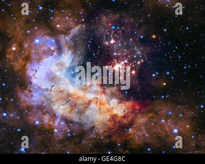 Das Hubble Weltraumteleskop erfasst Westerlund 2, einen Sternhaufen von 3.000 Sternen, auf dem Bild zum 25. Jahrestag. Sie befindet sich 20.000 Lichtjahre entfernt in der Sternschule Gum 29, einer Region mit intensiver Sternentstehung. Stockfoto