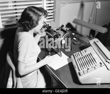 Eine Mensch-Maschine bei der Arbeit mit dem Mikroskop Datenerhebung im Langley Research Center.  Sie sitzt neben einem Friden Rechenmaschine.  Das National Advisory Committee for Aeronautics (NACA) stellte Frauen dienen als "Computer" in der Mitte der 1930er Jahre schuften Arbeit lesen Daten aus Testergebnissen (aus Film, wie hier gezeigt), Berechnung von Formeln und Plotten Ergebnisse.    Bild-Nr.: L-74768 Datum: 24. März 1952 Stockfoto