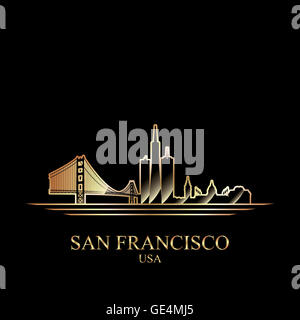Gold Silhouette von San Francisco auf schwarzem Hintergrund Stockfoto