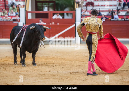 Jaen, Spanien - 17. Oktober 2008: Spanischer Stierkämpfer Cesar Jimenez Stierkampf mit der Krücke in der Stierkampfarena von Jaen, Spanien Stockfoto