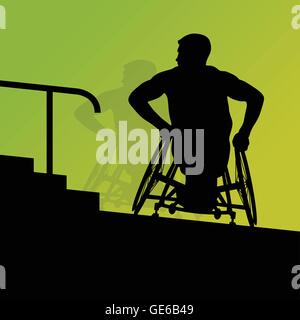 Aktive behinderte junge Männer auf einem Rollstuhl detaillierte Gesundheitswesen Treppe Schritte Konzept Silhouette Abbildung Hintergrund Vektor Stock Vektor