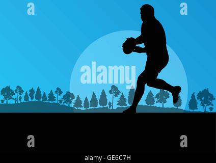 Rugby spielen Mann Silhouette in Landschaft Natur Hintergrund Illustration Vektor für poster Stock Vektor