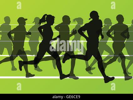 Marathonläufer laufen Silhouetten im Sport Stadion Landschaft Hintergrund Illustration Vektor Stock Vektor