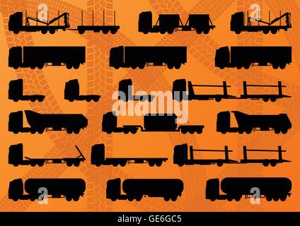 Detaillierten Autobahn LKW, Anhänger und Öl Zisternen editierbare Silhouetten Abbildung Sammlung Hintergrund Vektor Stock Vektor