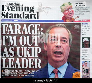 "Farage: Ich bin als UKIP Führer" Schlagzeile Zeitungsartikel in London Evening Standard 4. Juli 2016 Stockfoto