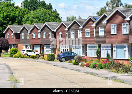 Reihe von Häusern in Wohnstraße von Immobilien-Gehäuse Grundstücksentwicklung identische Einfamilienhäuser individuelle Gärten & Auto Auffahrt England GB Stockfoto