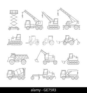 Konstruktionslinie Fahrzeuge Objekte festgelegt, Seitenansicht, Baumaschinen, Maschinen, Engineering Stock Vektor