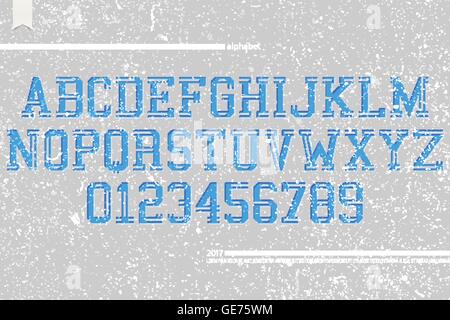 Satz von Universität Sport Stil Alphabet Buchstaben und Zahlen auf Grunge Papierhintergrund. Vektor, dynamische Schriftart Schriftgestaltung. Team t Stock Vektor