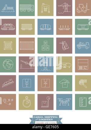 Sammlung von Fracht, Versand, Logistik und Fracht transportieren Linie Symbole, negative in farbigen Quadraten Stock Vektor