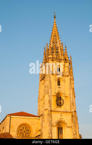 Turm der Kathedrale in der Abenddämmerung. Oviedo, Spanien. Stockfoto