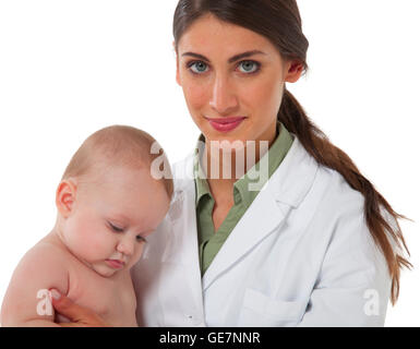 Ein Foto von weiblichen Kinderarzt mit Baby Portrait zuversichtlich Arztes Überprüfung niedlichen Kleinkind sind sie isoliert Stockfoto