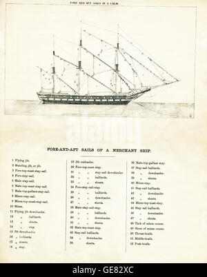 Diese Zeichnung aus dem 19. Jahrhundert zeigt die Vorder Segel von einem Handelsschiff. Stockfoto