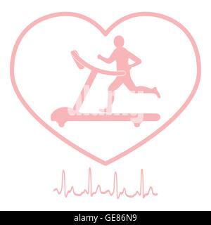 Stilisierte Ikone des Mannes Joggen auf einem Laufband im Rahmen der Herz-Symbol und Herzrhythmus auf weißem Hintergrund Stock Vektor