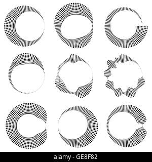 Kreisförmige gepunktete Geometrieelemente mit Verzerrung. 9 andere Form. Monochrome Kreisen verformt. Stock Vektor