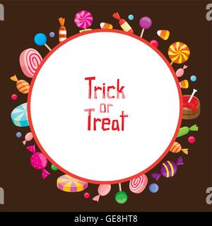 Halloween Süßigkeiten mit Trick Or Treat auf runden Rahmen, Mystery, Kultur, Urlaub, kalorienreiche Lebensmittel, Oktober, Fantasy Stock Vektor