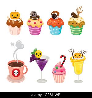 Halloween-Desserts und Getränke festlegen, Mystery, Kultur, Urlaub, kalorienreiche Lebensmittel, Oktober, Fantasy Stock Vektor