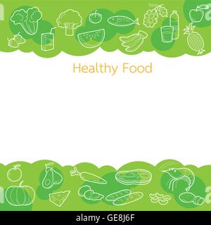 Saubere Lebensmittel Gliederung Symbole auf grünem Hintergrund Konzept, gesund, Bio, Ernährung, Medizin, psychische und physische Gesundheit Stock Vektor