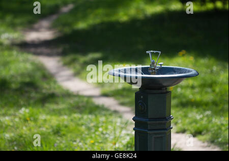 Horizontale Nahaufnahme von einem Metall Wasserspender in einem grünen park Stockfoto